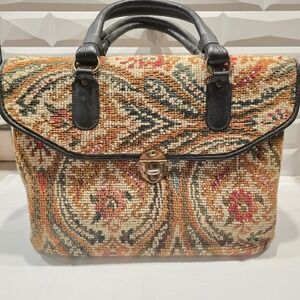 Vintage Jaclyn Floral Needlepoint Large Satchel Carpet Bag